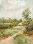 Schilderij van een landweg die naar een boerderij met rood dak leidt.