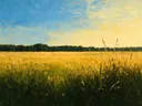 Landschapsschilderij, lang gras met bomenrij in hoogzomer