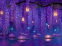 Schilderij van wisteria met lantaarns boven een vijver vol lotusbloemen