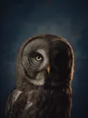 Studioportret van Laplanduil van voren, tegen een geschilderd doek in inktblauw