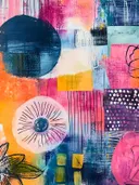 Lappendeken in roze en oranje, abstract schilderij