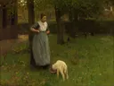 Larens vrouwtje met lam van Anton Mauve: figuren met vrouw, lam, gras en bomen, in gedempt groen
