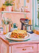 Schilderij van een stuk lasagne op een bord voor een keukenmixer.