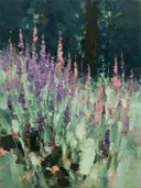 Lavendel aan de bosrand in mint, schilderij van lavendel aan de bosrand