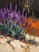 Lavendel aan de bosrand in paarsoranje, schilderij van lavendel tegen de lucht