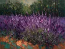Lavendel aan de bosrand in violet, schilderij van lavendel tegen de lucht
