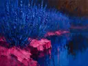 Lavendel aan de oever in kobaltmagenta, schilderij van lavendel onder de hemel