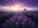 Landschapsfoto van lavendel bij de ochtendmist, met een ooi met haar lammetje