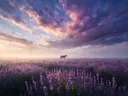 Landschapsfoto van lavendel bij de ochtendmist, met een eenzaam paard