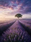 Landschapsfoto van lavendel bij de ochtendmist, met een statige eik