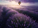 Landschapsfoto van lavendel bij de ochtendmist, met een luchtballon boven de horizon