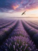 Landschapsfoto van lavendel bij de ochtendmist, met een torenvalk