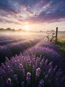 Landschapsfoto van lavendel bij de ochtendmist, met een houten hek