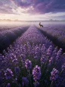 Landschapsfoto van lavendel bij de ochtendmist, met een konijn