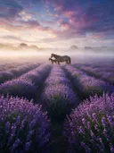 Landschapsfoto van lavendel bij de ochtendmist, met een merrie met haar veulen