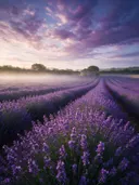 Landschapsfoto van lavendel bij de ochtendmist, met een boerderijtje aan het einde van de rijen