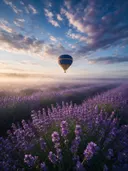 Landschapsfoto van lavendel bij de ochtendmist, met een luchtballon boven de horizon