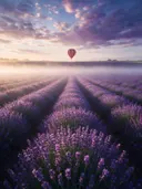 Landschapsfoto van lavendel bij de ochtendmist, met een luchtballon boven de horizon