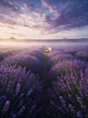 Landschapsfoto van lavendel bij de ochtendmist, met een bankje aan de rand