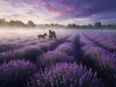 Landschapsfoto van lavendel bij de ochtendmist, met een merrie met haar veulen