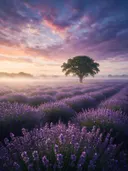 Landschapsfoto van lavendel bij de ochtendmist, met een statige eik