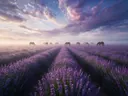 Landschapsfoto van lavendel bij de ochtendmist, met een kleine kudde paarden