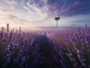 Landschapsfoto van lavendel bij de ochtendmist, met ooievaars in hun nest
