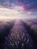 Landschapsfoto van lavendel bij de ochtendmist, met een klein vliegtuigje hoog in de lucht