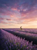 Landschapsfoto van lavendel bij het gouden uur, met een konijn
