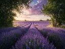 Landschapsfoto van lavendel bij het gouden uur, met een reekalfje
