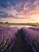 Landschapsfoto van lavendel bij het gouden uur, met flamingo's in een ondiepe plas
