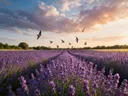 Landschapsfoto van lavendel bij het gouden uur, met zwaluwen laag over de bloemen