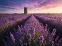 Landschapsfoto van lavendel bij het gouden uur, met de ruïne van een oude toren