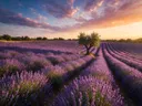 Landschapsfoto van lavendel bij het gouden uur, met een oude olijfboom