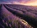 Landschapsfoto van lavendel bij het gouden uur, met een hagedis