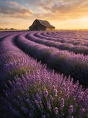Landschapsfoto van lavendel bij het gouden uur, met een verweerde schuur aan de rand van het veld