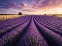 Landschapsfoto van lavendel bij het gouden uur, met een houten hek