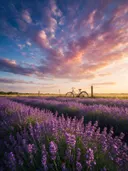 Landschapsfoto van lavendel bij het gouden uur, met een houten hek