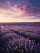 Landschapsfoto van lavendel bij het gouden uur, met een hert