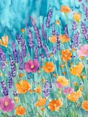 Paarse lavendel en oranje bloemen tegen een turquoise achtergrond