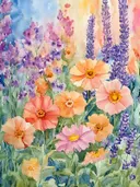 Paarse lavendel en oranje zinnia's in een pastelkleurige tuin