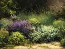 Schilderij van een bloemenborder met lavendel en witte bloemen
