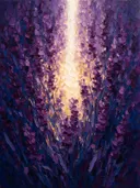 Lavendel in aubergine, schilderij van lavendel tegen de lucht
