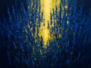 Lavendel in blauwgeel, schilderij van lavendel van dichtbij