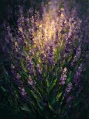 Schilderij van lavendel in bosgroen, in vlakke kleurvlakken