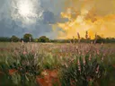 Schilderij van lavendel in de weide in oudroze, in vlakke kleurvlakken