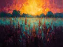 Lavendel in de weide in roestturkoois, schilderij van lavendel