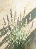 Lavendel in groepjes in mint, schilderij van lavendel aan de bosrand