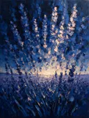 Lavendel in het landschap in diepblauw, schilderij van lavendel