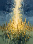 Schilderij van lavendel onder de hemel in mosterd, in vlakke kleurvlakken